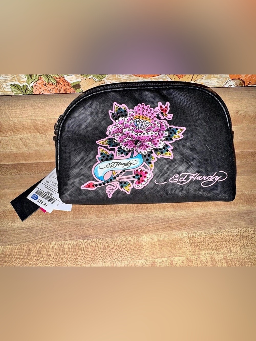 Ed Hardy Floral Cosmetic Bag in Black & Pink NWT